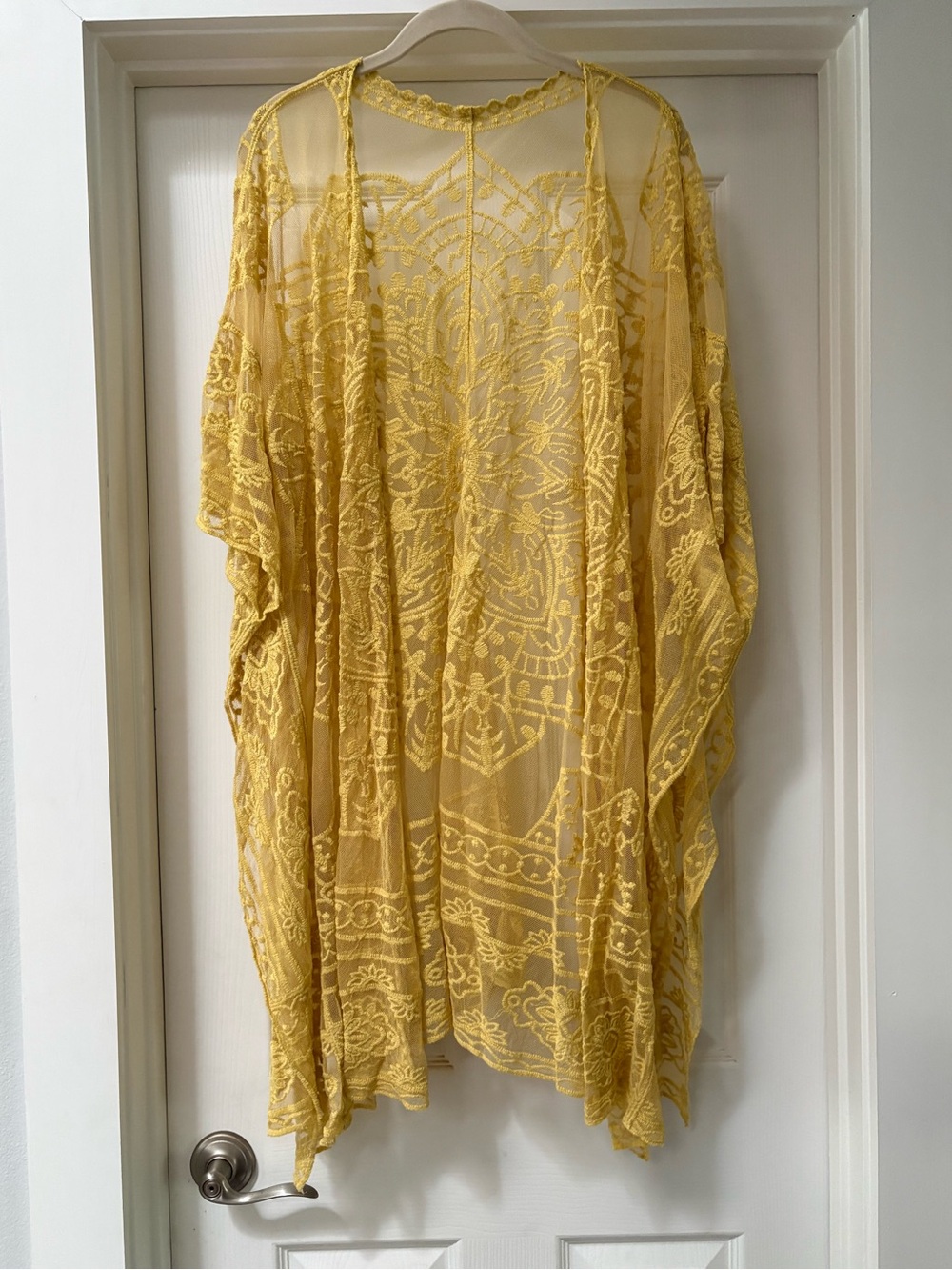 Mustard Yellow Sheer Embroidered Kimono Wrap